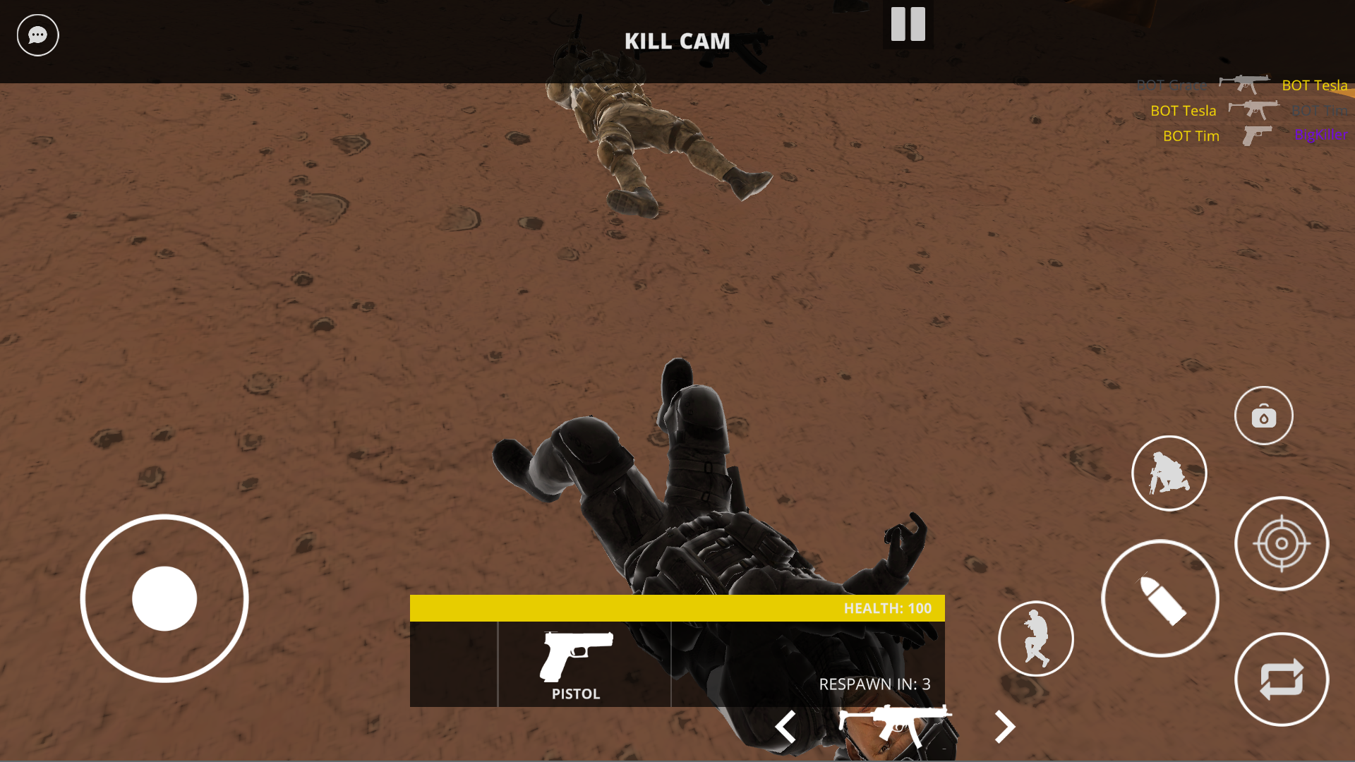 Kill cam showing an operator eliminated while the respawn timer counts down.