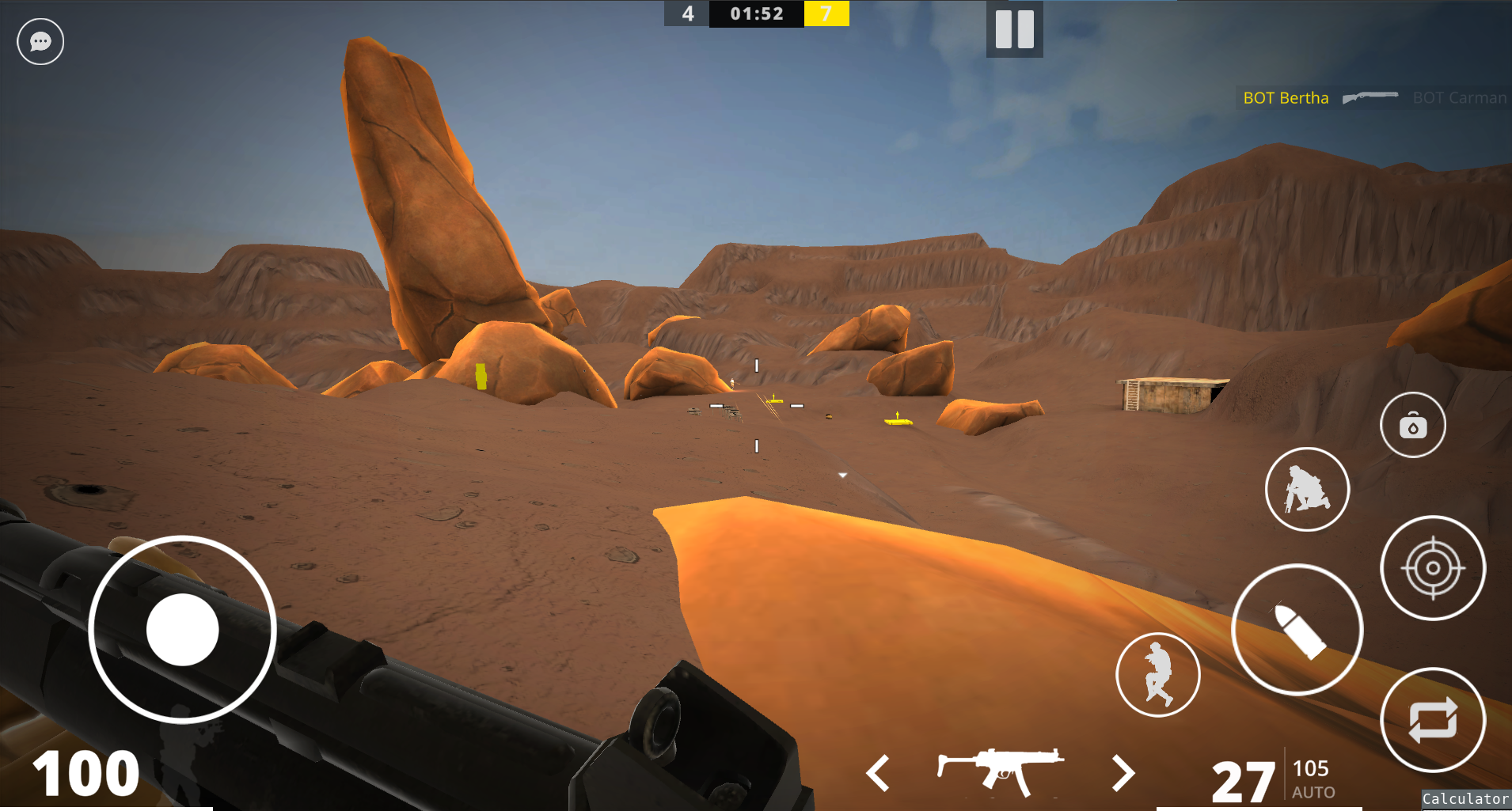 Assault rifle aimed from a ridge, overlooking objective markers in the desert.